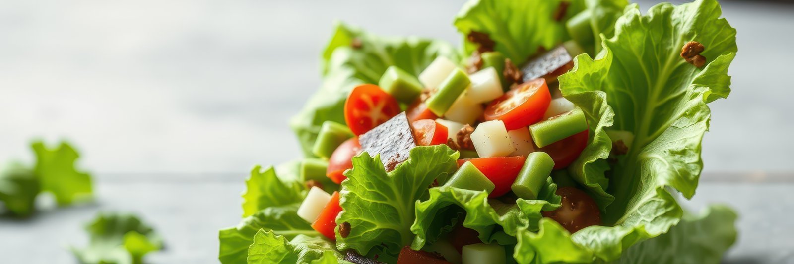 Fresh salad made with crisp vegetables served in a lettuce bowl at a rustic table setting